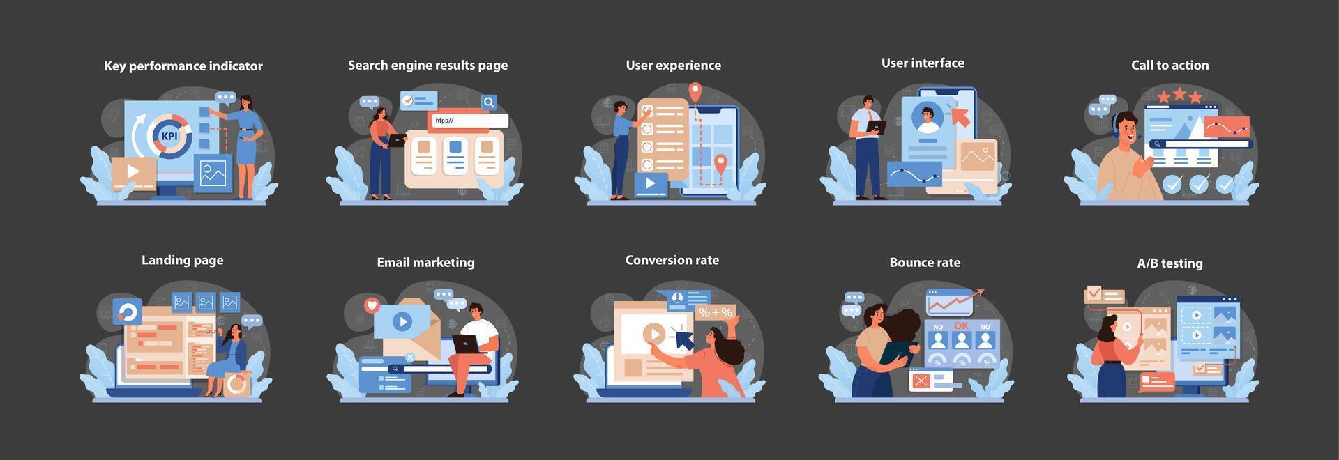 Digital Marketing Essentials Vector Illustrations. Engaging visuals depicting key digital.