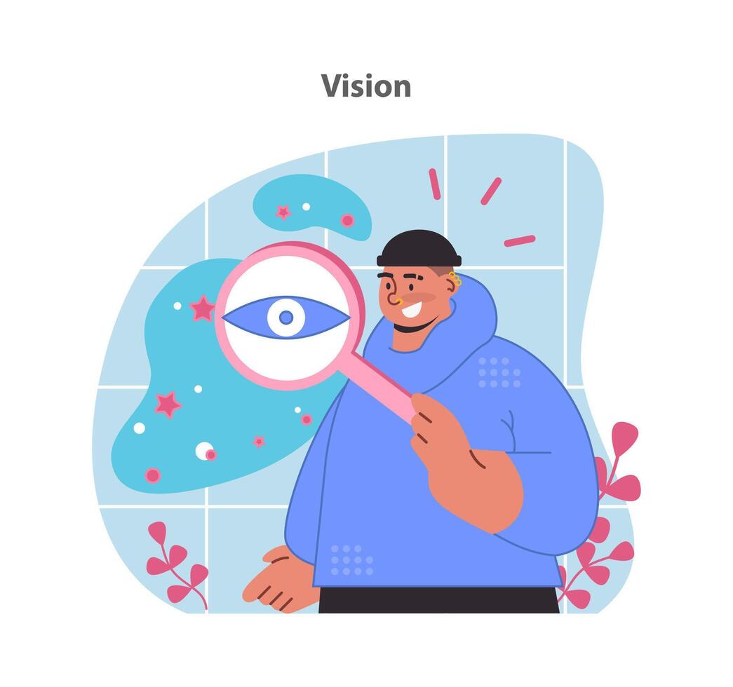 Vision illustration. A man investigates the intricacies of sight with a magnifying glass. vector