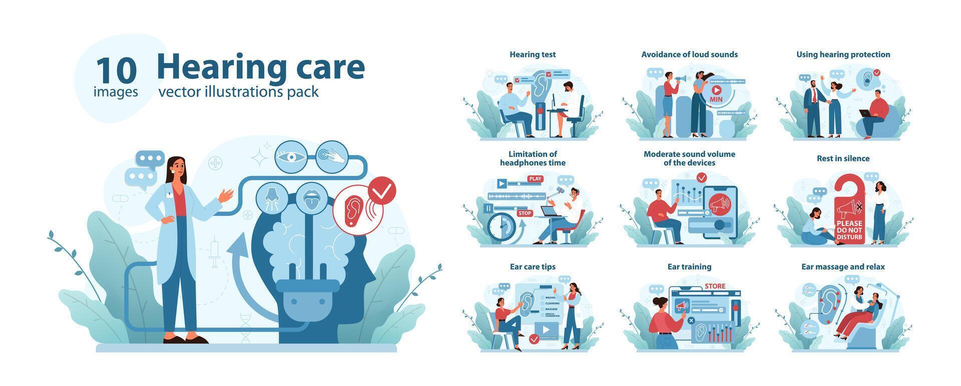 Hearing Care Concept set . Comprehensive vector illustrations depicting various aspects of auditory health.