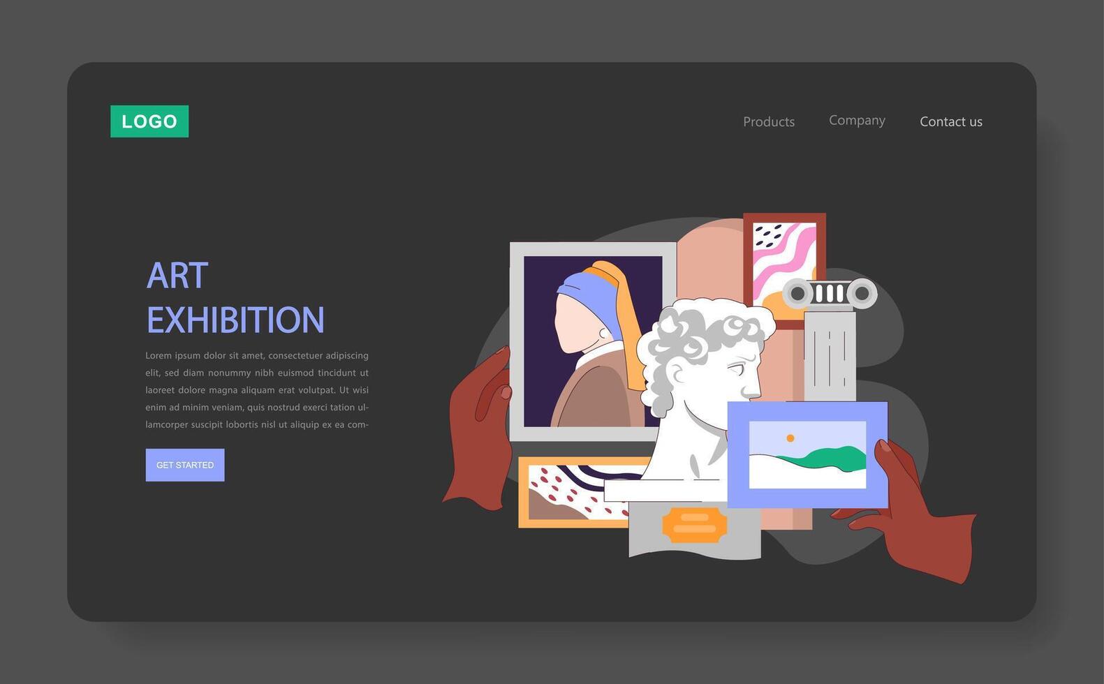 Museum or art gallery dark or night mode web, landing. Hands showcase vector