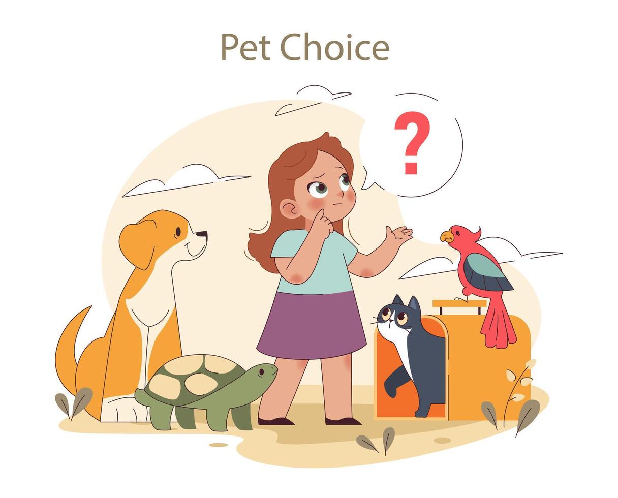 Children and Pets concept. A young girl considers various animals, pondering vector