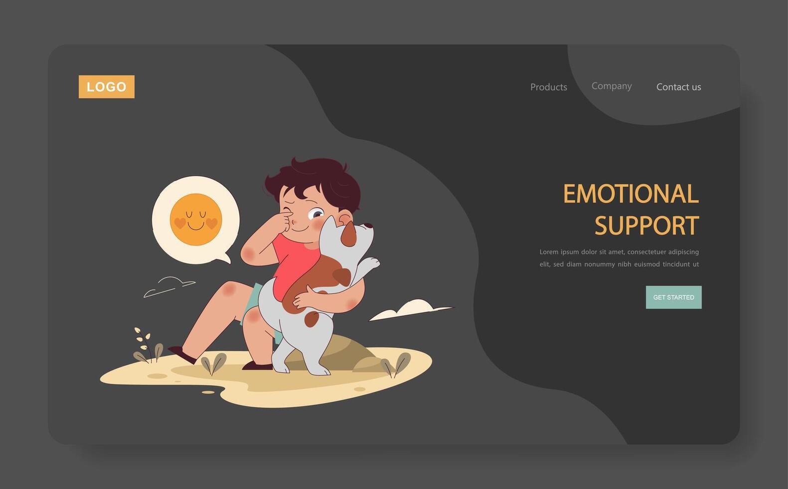 Children and Pets dark or night mode web, landing. A comforting vector