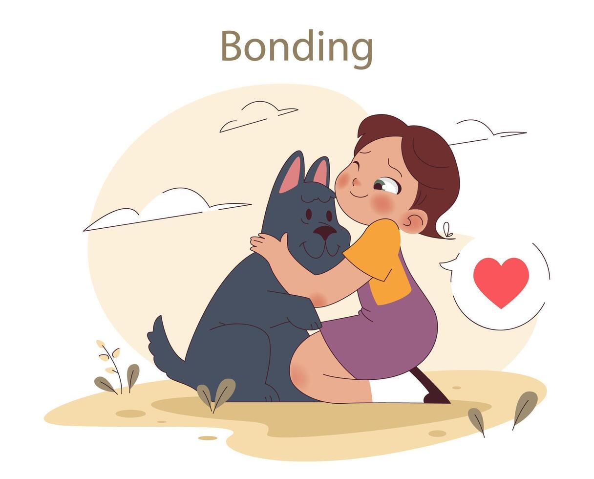 Bonding concept. A girl lovingly embraces her dog, showcasing a heartfelt vector