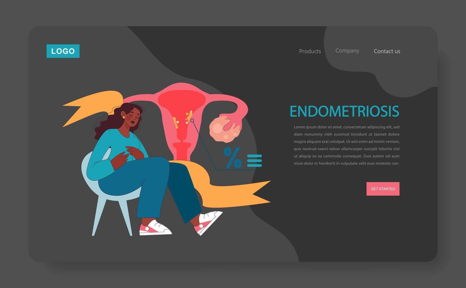 Endometriosis dark or night mode web, landing. Woman with endometriosis vector