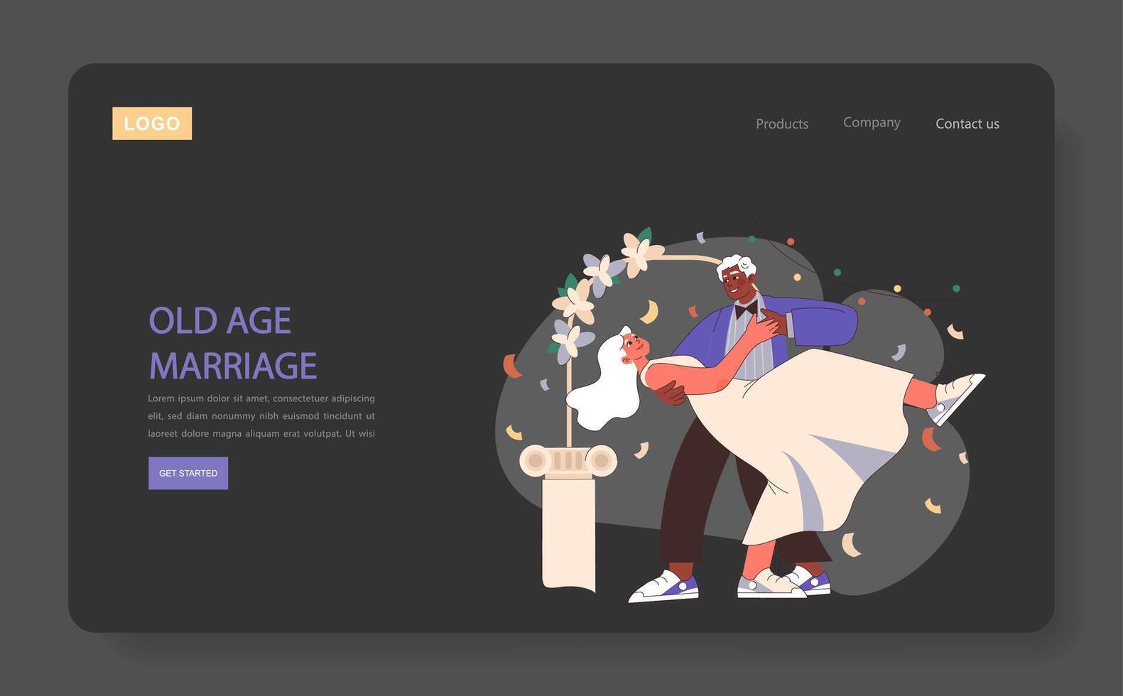 Old Age Marriage web or landing. Joyous senior couple in a celebratory vector