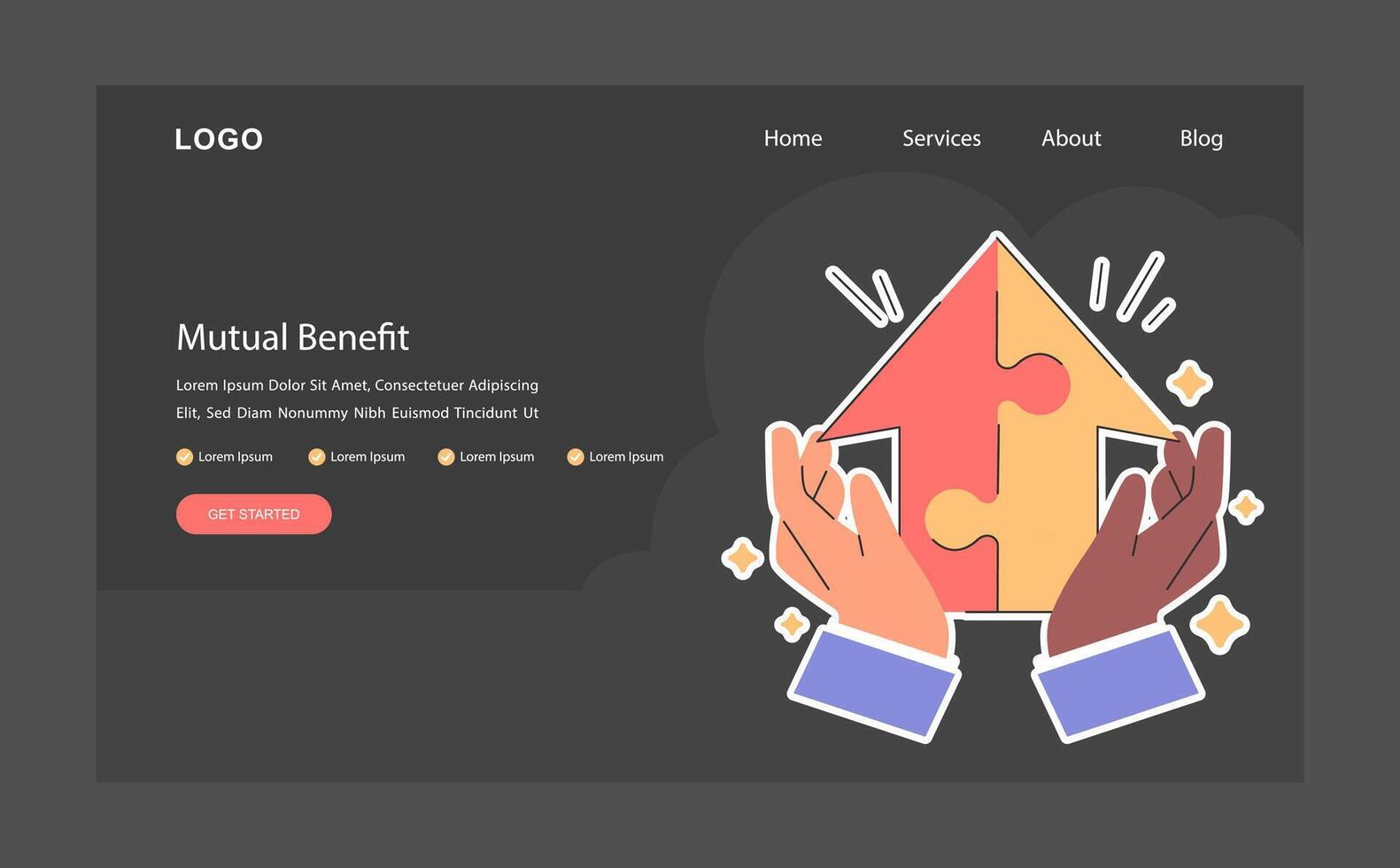 Mutual benefit dark or night mode web, landing. Two hands vector