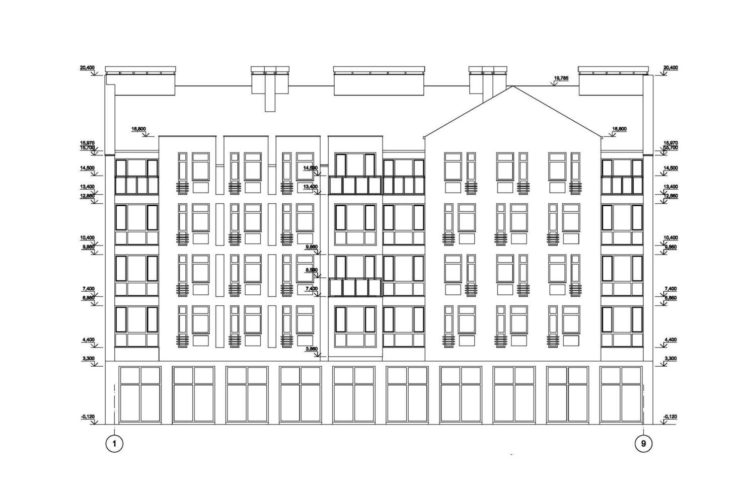 Multistory building section, detailed architectural technical drawing, vector blueprint