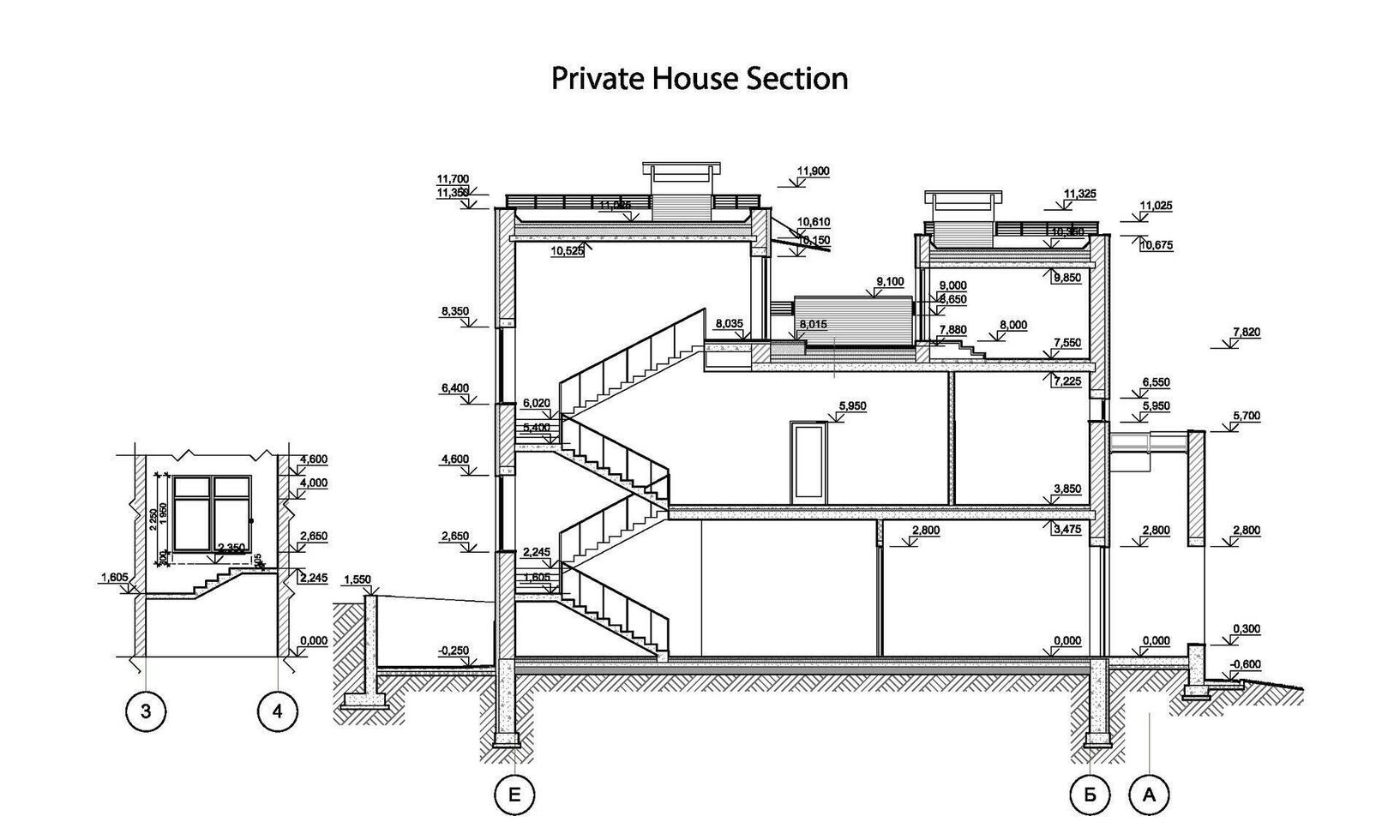 Private house section, detailed architectural technical drawing, vector blueprint