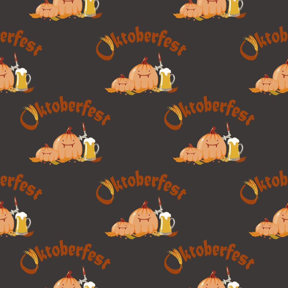 vector oscuro sin costura modelo de Oktoberfest letras, calabazas y cerveza tazas