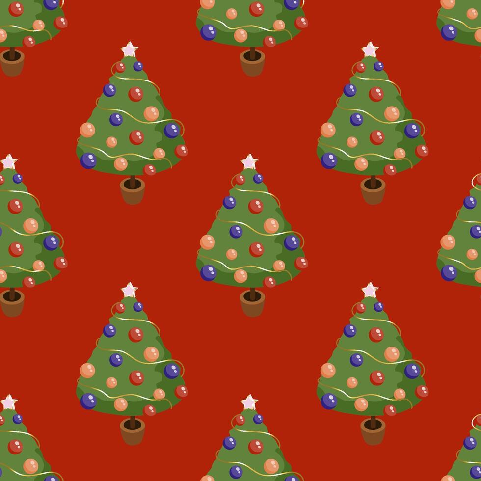 mano dibujado vector dibujos animados Navidad árbol en un maceta, sin costura rojo Navidad modelo