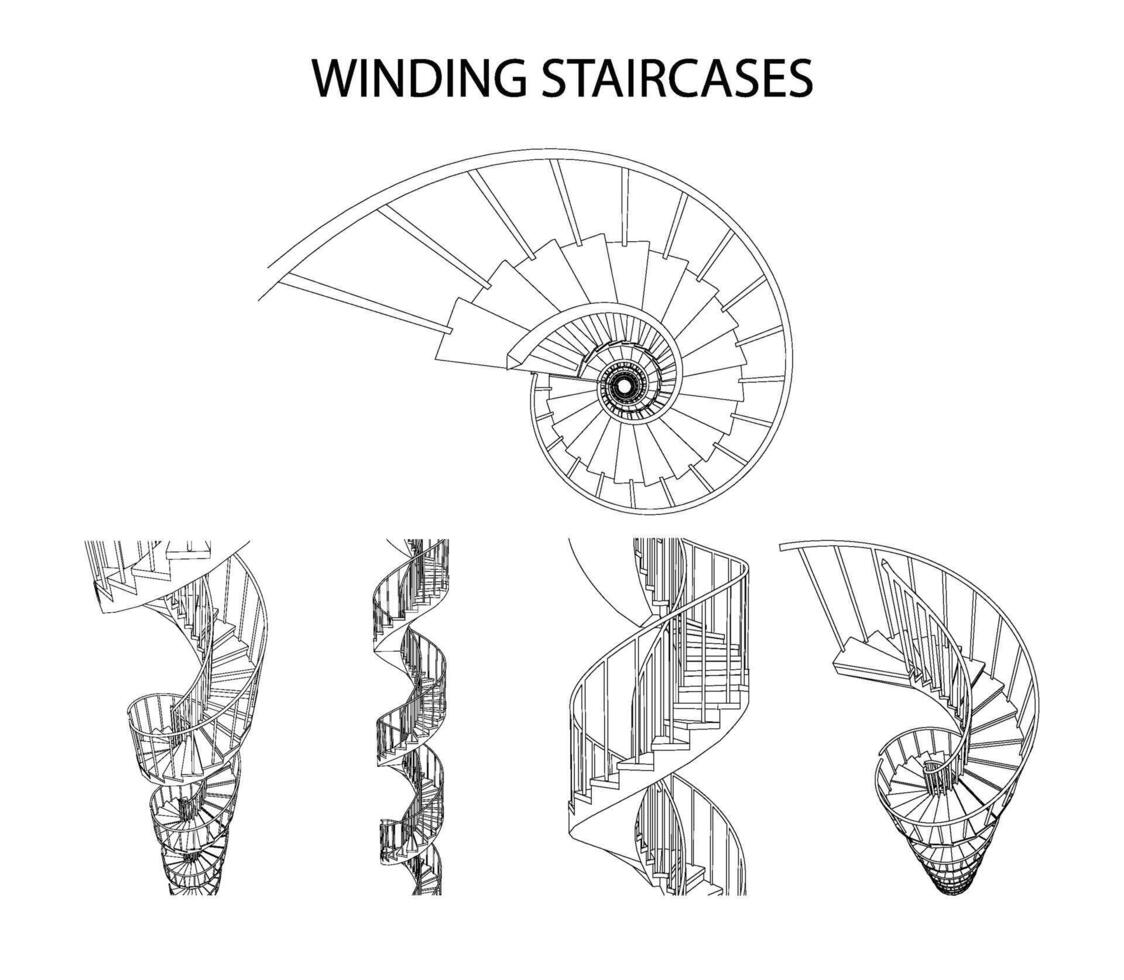 Vector set of 3d spiral winding staircases