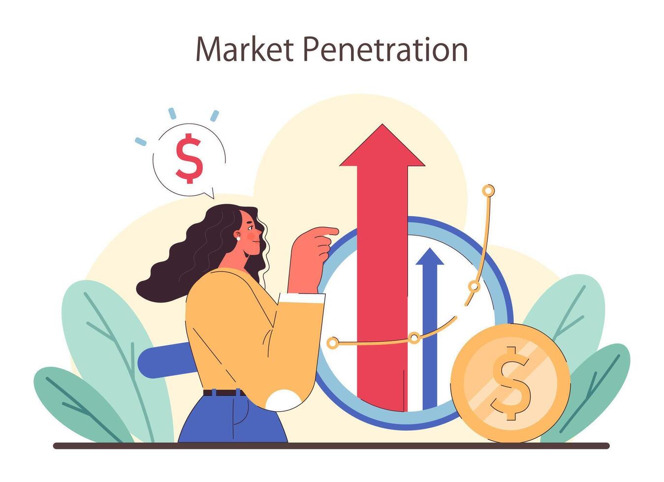 Market Penetration concept. Businesswoman analyzes growth with upward arrow. vector