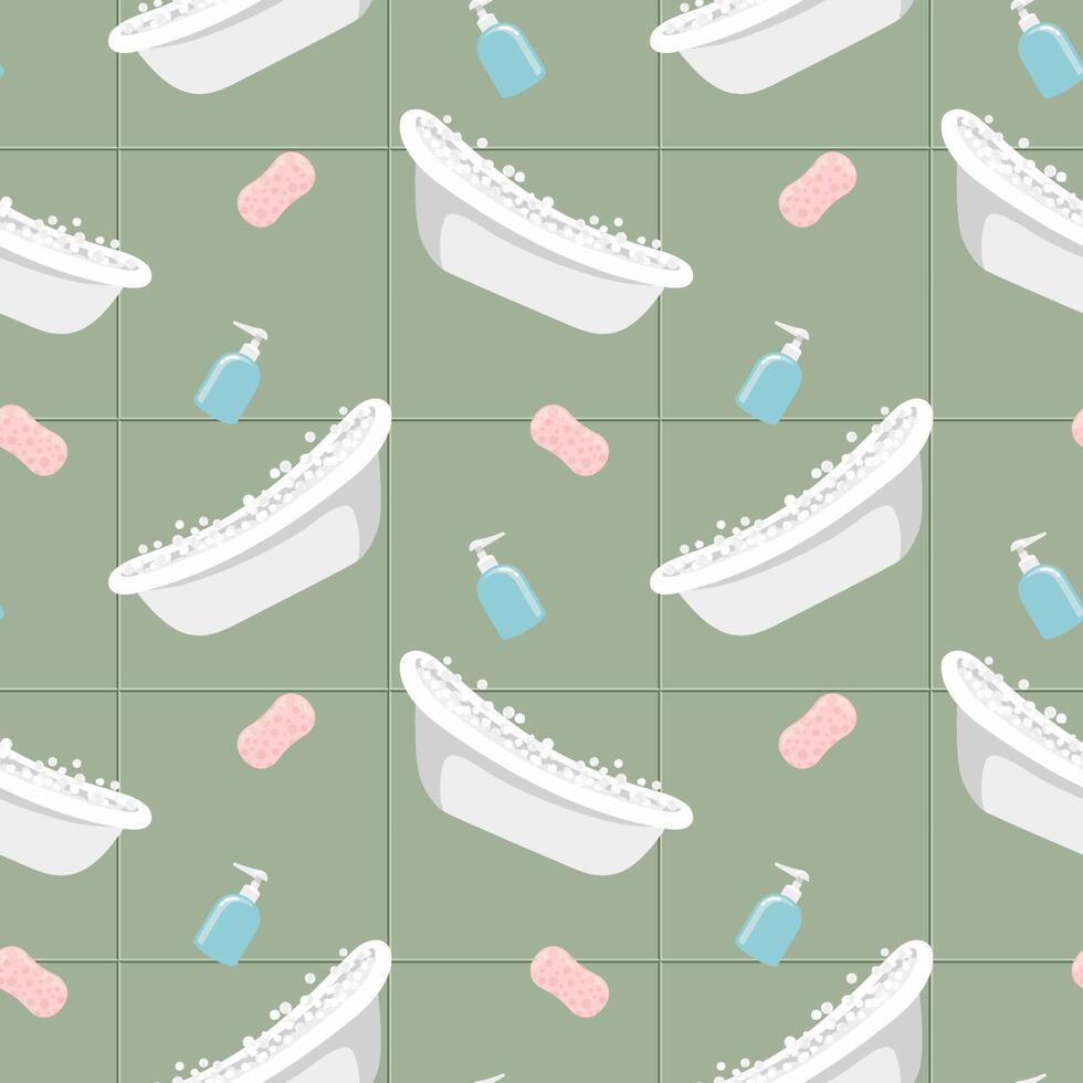 Seamless vector pattern of bath tubs, soap bubbles and sponges against olive tiled wall