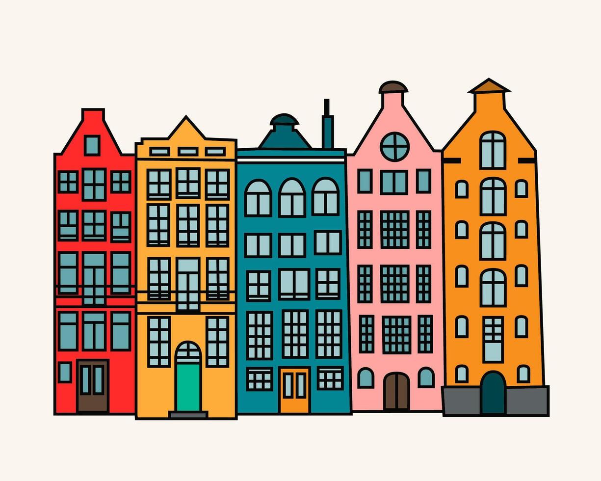 Set of colorful old hand drawn european multistory buildings. Amsterdam Netherlands vector