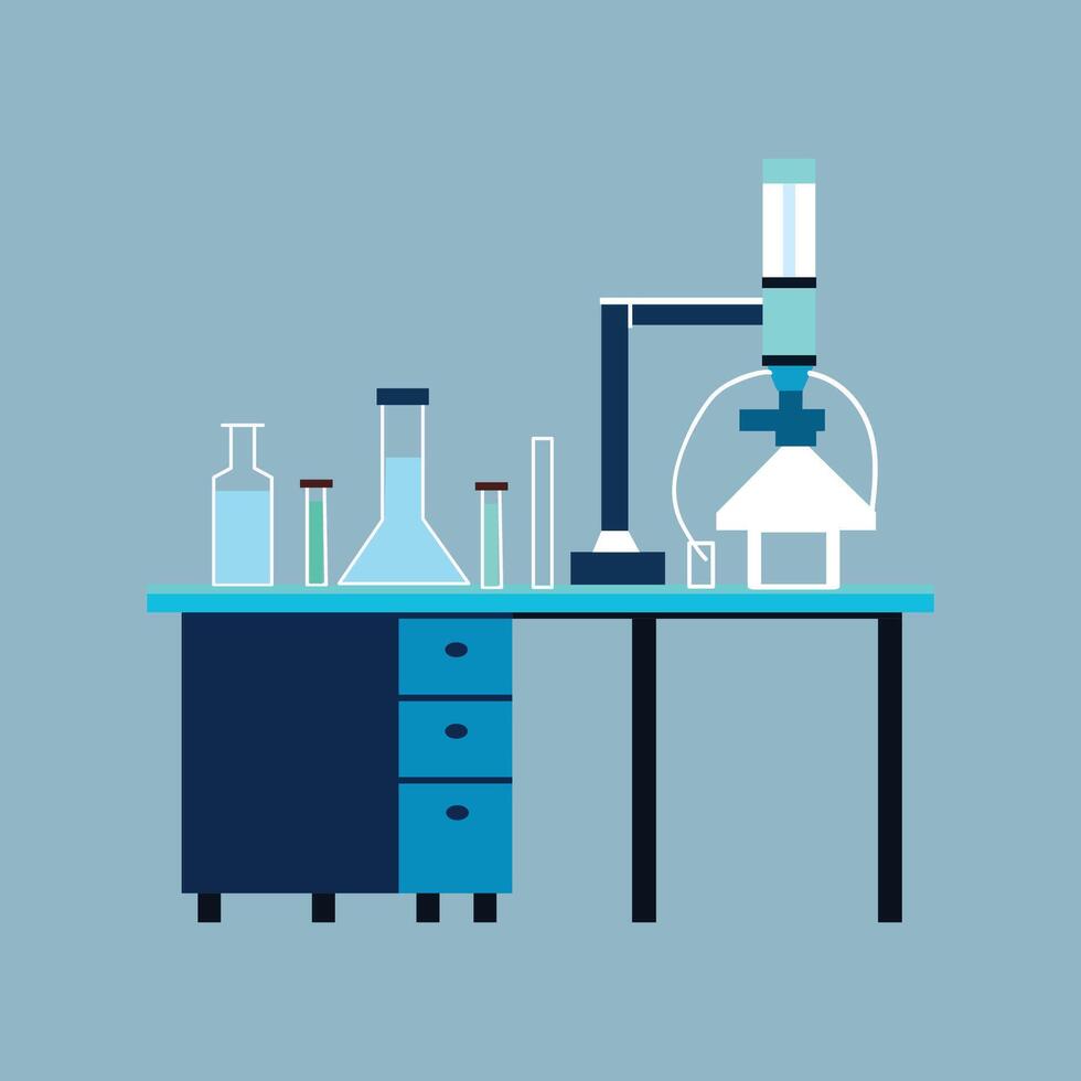 Laboratory table with chemical bottles and test tubes, vector illustration