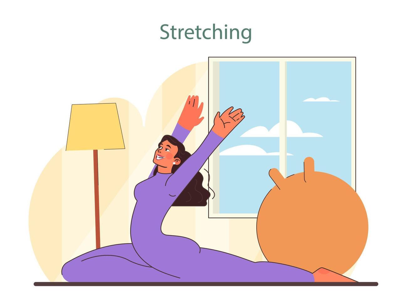 Home stretching illustration. Joyful woman stretches in a sunlit room, a moment of wellness in a home workout setting. vector