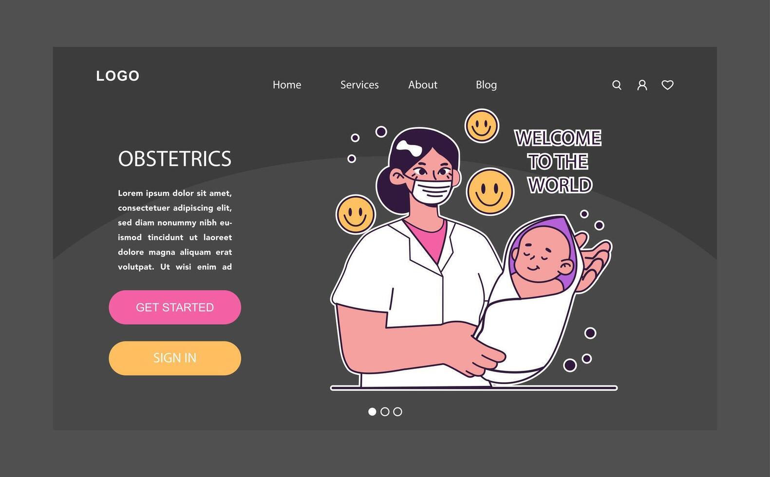 Obstetrician dark or night mode web, landing. Childbirth, obstetrics vector