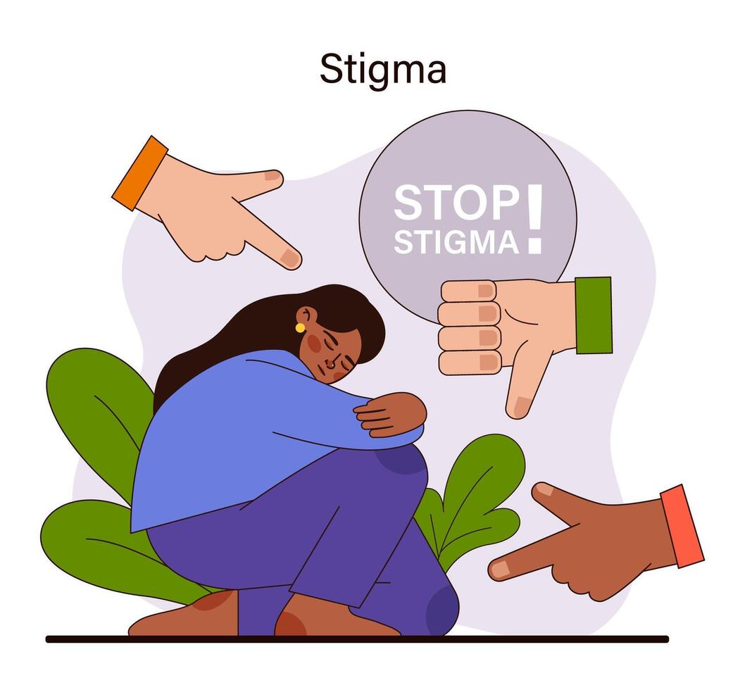 Stigma concept. Illustration of an individual facing societal judgement with a call to stop stigma. Challenges of prejudice and the need for compassion and understanding. Flat vector illustration.
