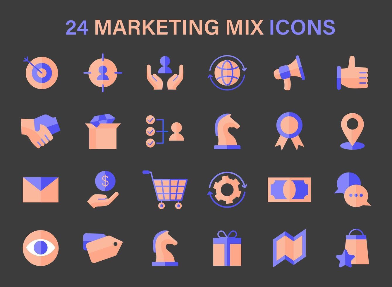 Marketing Mix icon set. Symbols represent strategic components like targeting, global reach, and customer service. vector