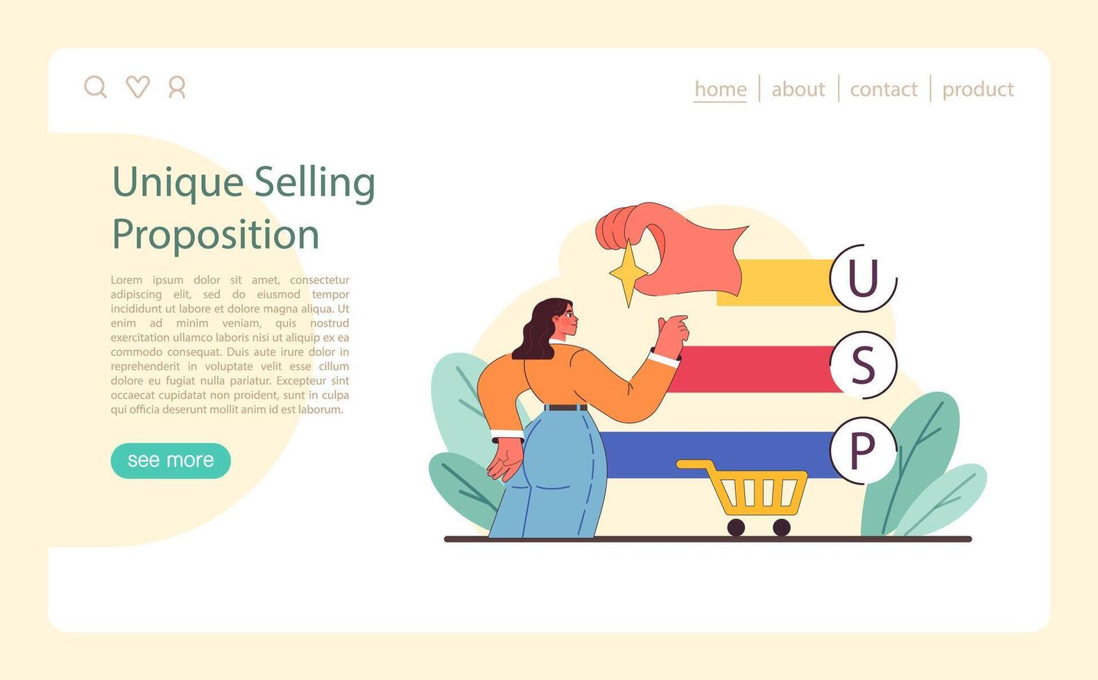 Unique Selling Proposition concept. Highlights the process of defining standout features in a competitive market. vector