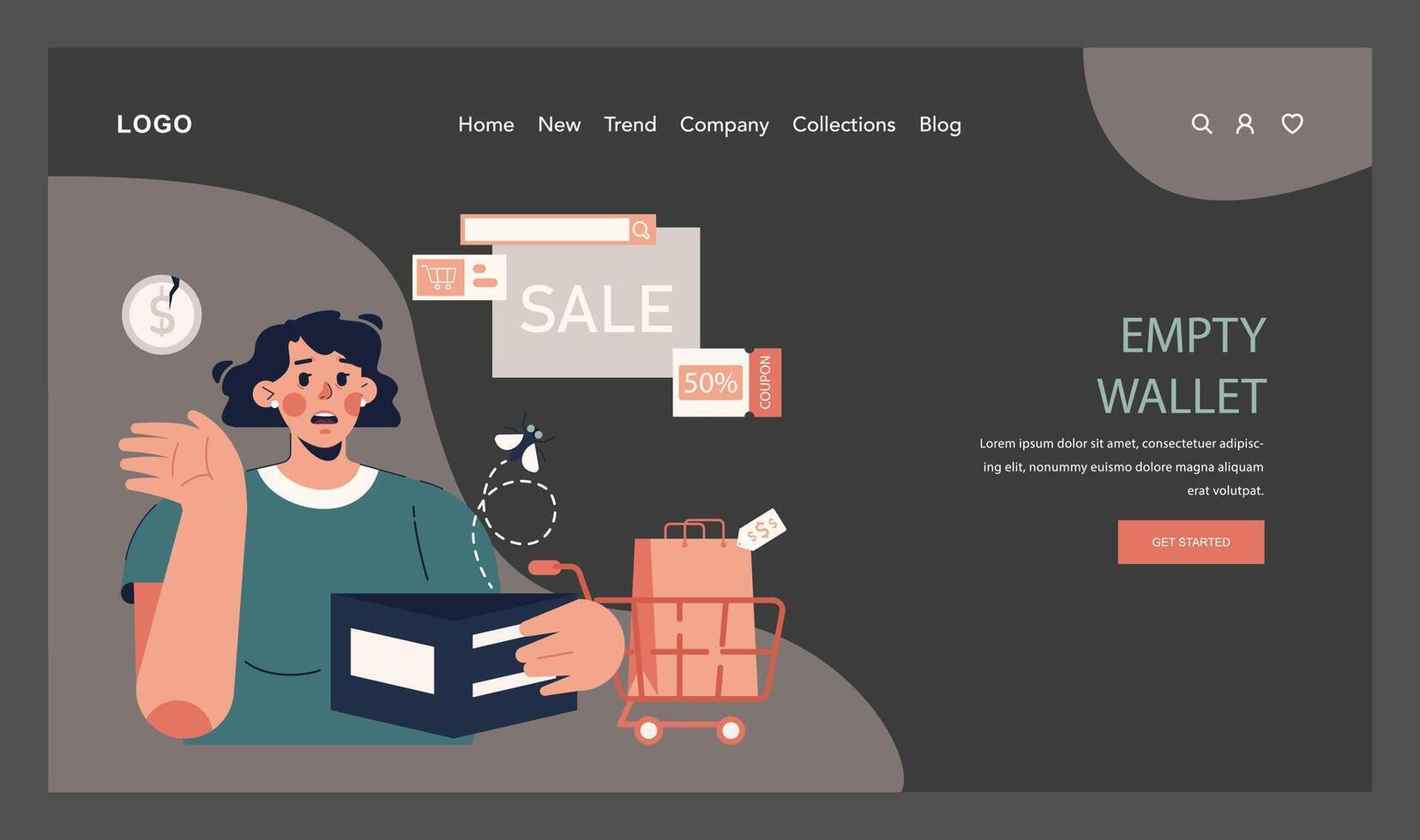 Impulsive buying web banner or landing page dark or night mode vector