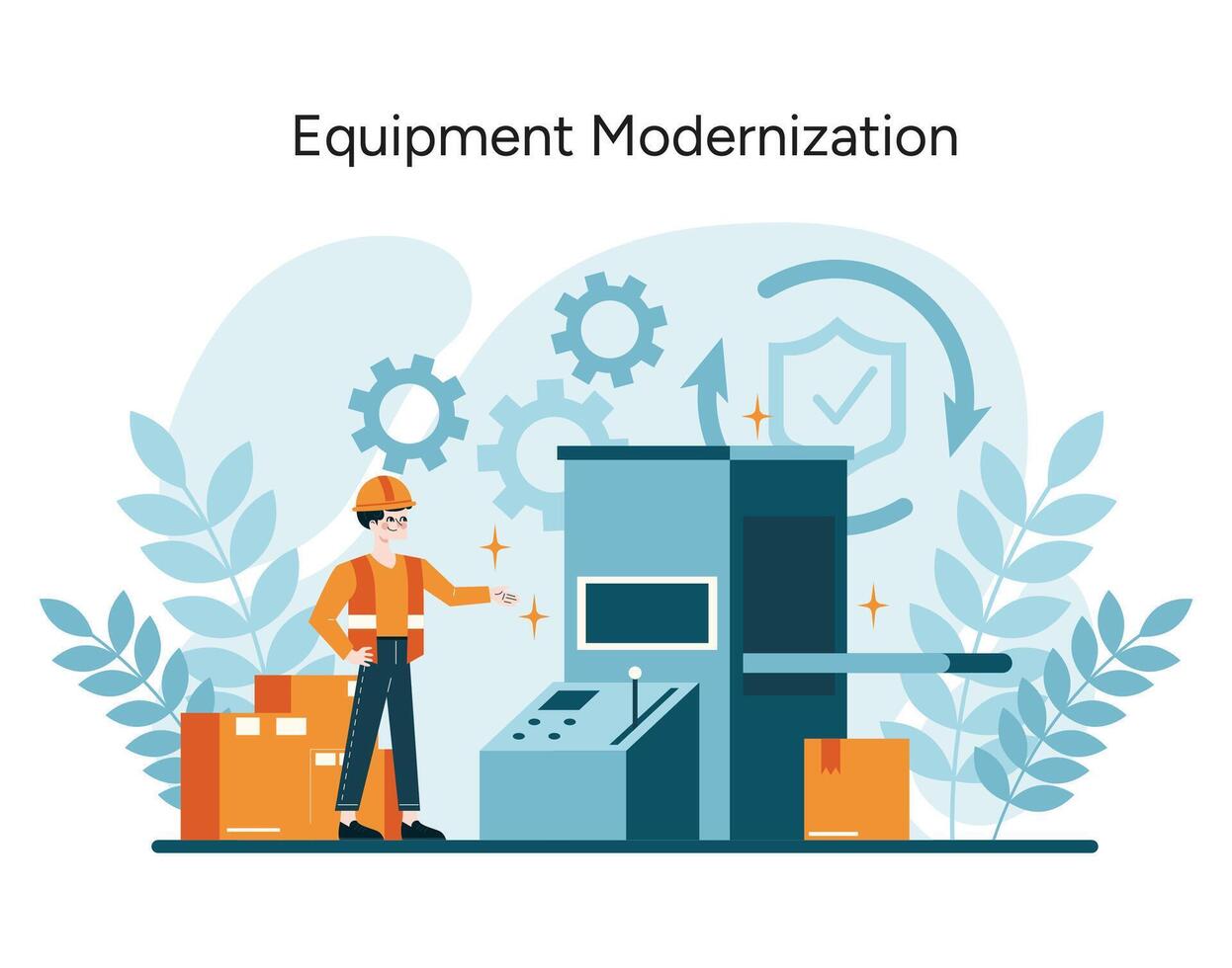 A worker oversees the upgrade of industrial machinery, incorporating advanced safety features in line with OSHA regulations vector