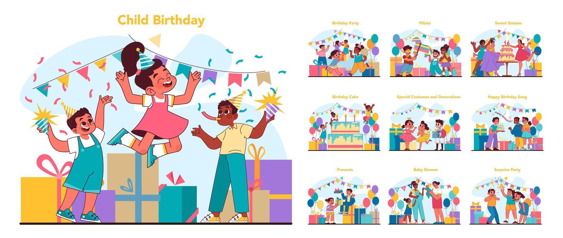 Child birthday set. Flat vector illustration