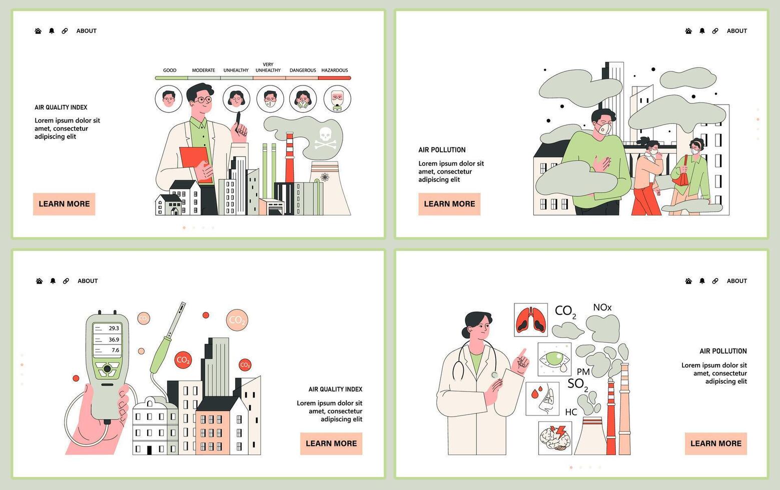 Air quality awareness web or landing set. Air quality index and pollution vector