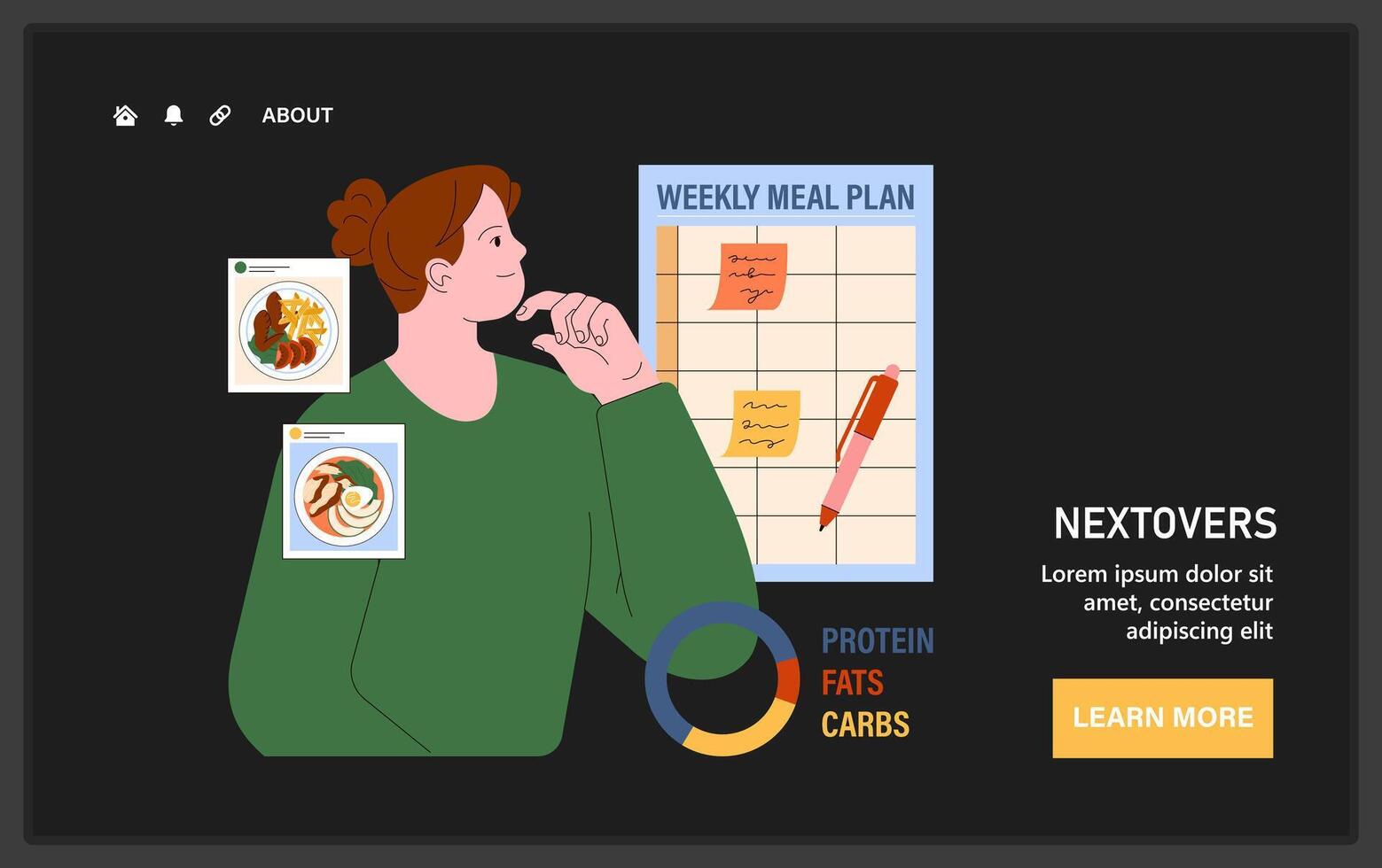 Meal planning. Woman contemplates a balanced diet with a weekly meal plan vector