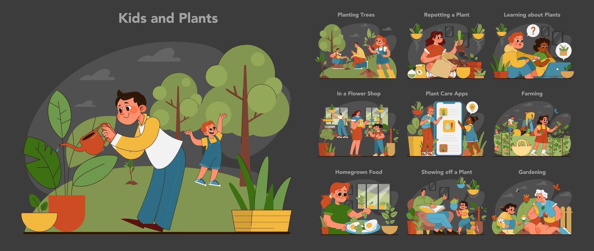 niños y plantas colocar. plano vector ilustración