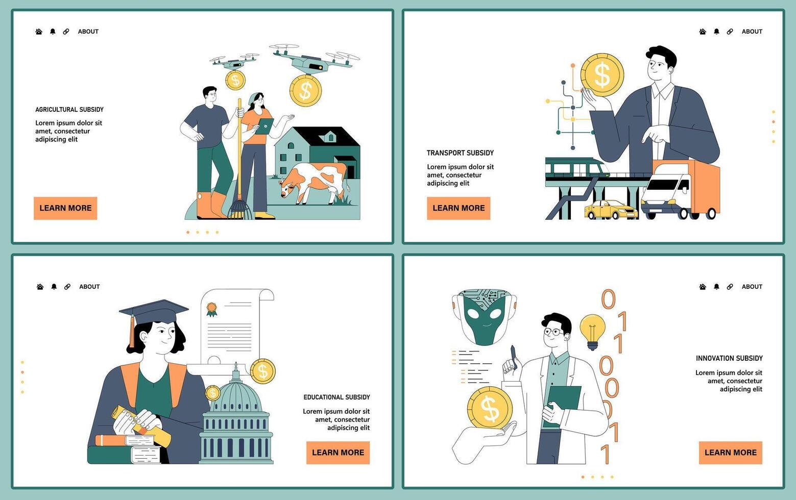 Government subsidy web or landing set. Diverse sectors including agriculture vector