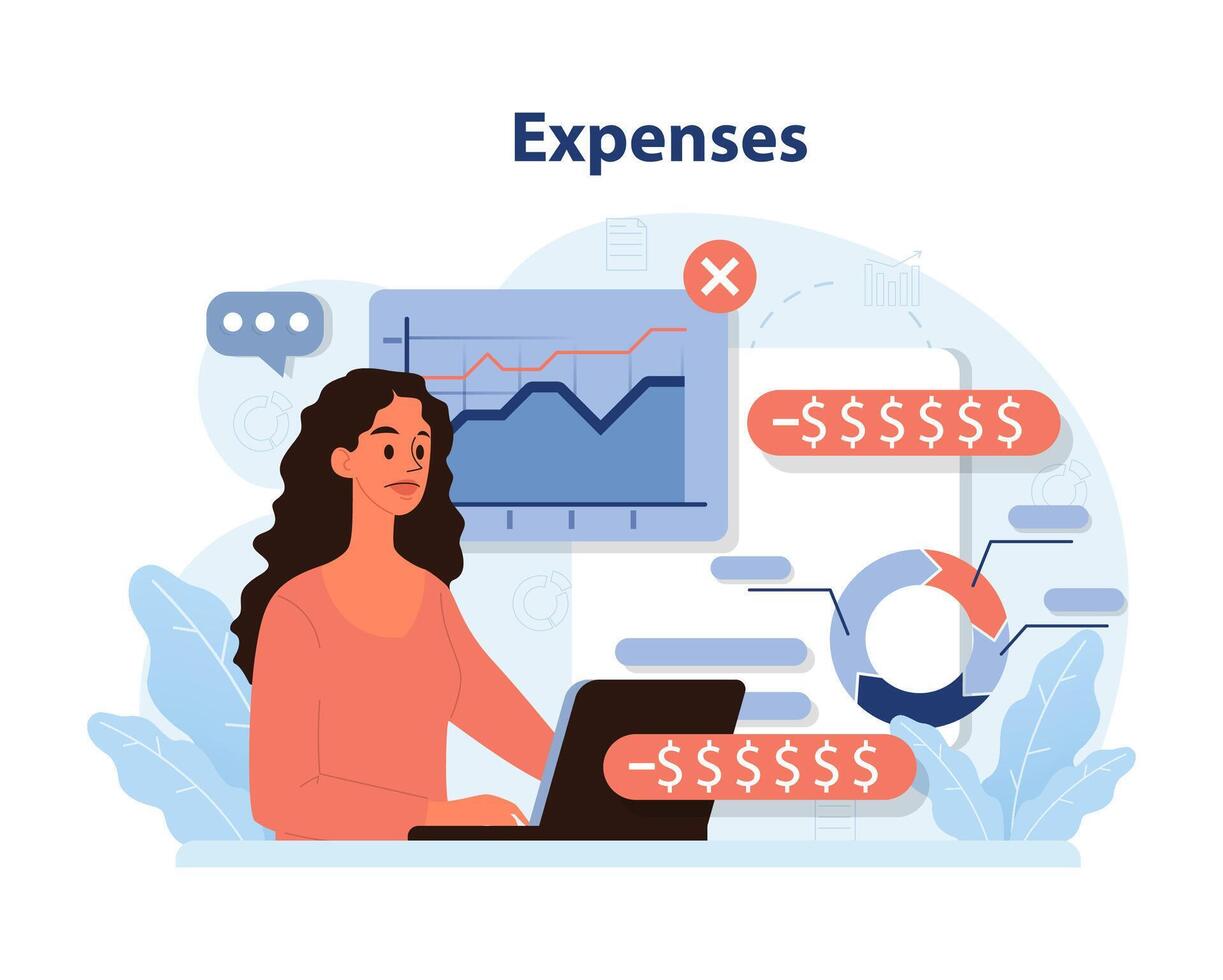 Professional monitoring business expenses. Woman at desk, assessing vector