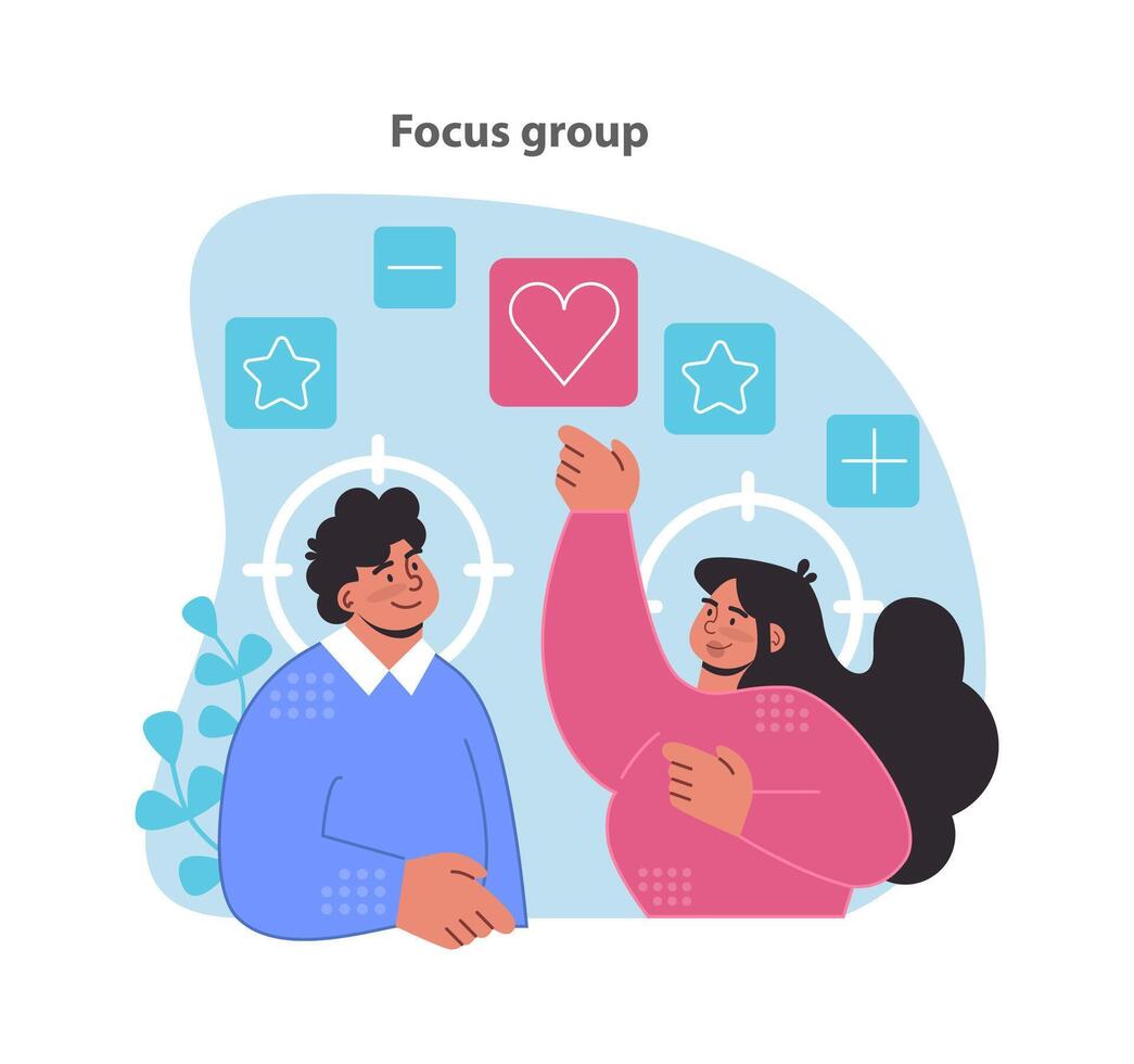Focus group concept. Gathering consumer insights and preferences. Influencing product development and brand decisions. Flat vector illustration.
