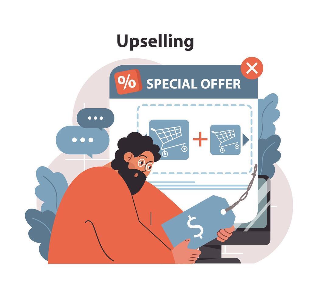 Upselling concept. Engrossed man analyzing a digital special offer, keen to add more items to cart for a better deal. Optimizing sales strategies. Flat vector illustration.