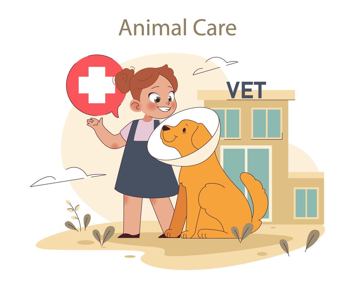 Animal Care concept. Girl guides dog with a cone collar at vet clinic, highlighting vector