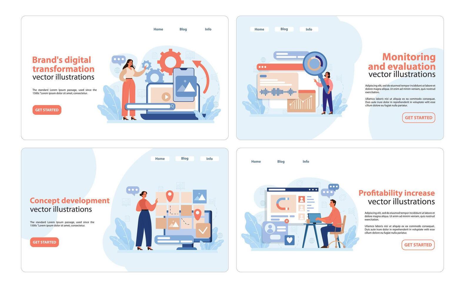 Rebranding Strategy Web Illustrations. Engaging set of vector illustrations showcasing stages of digital transformation.