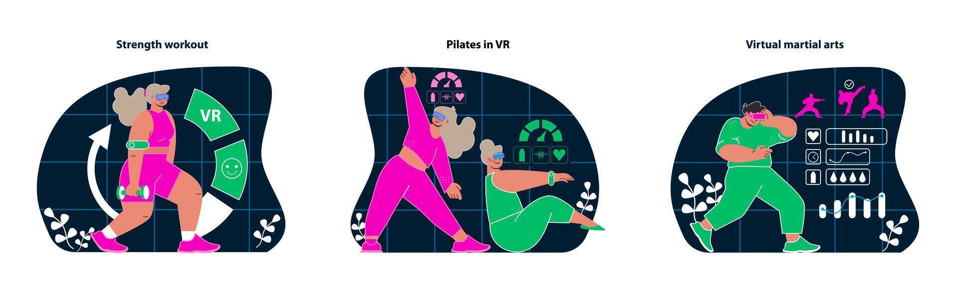 VR Workout trio. Strength training, Pilates, and martial arts in a virtual world. vector