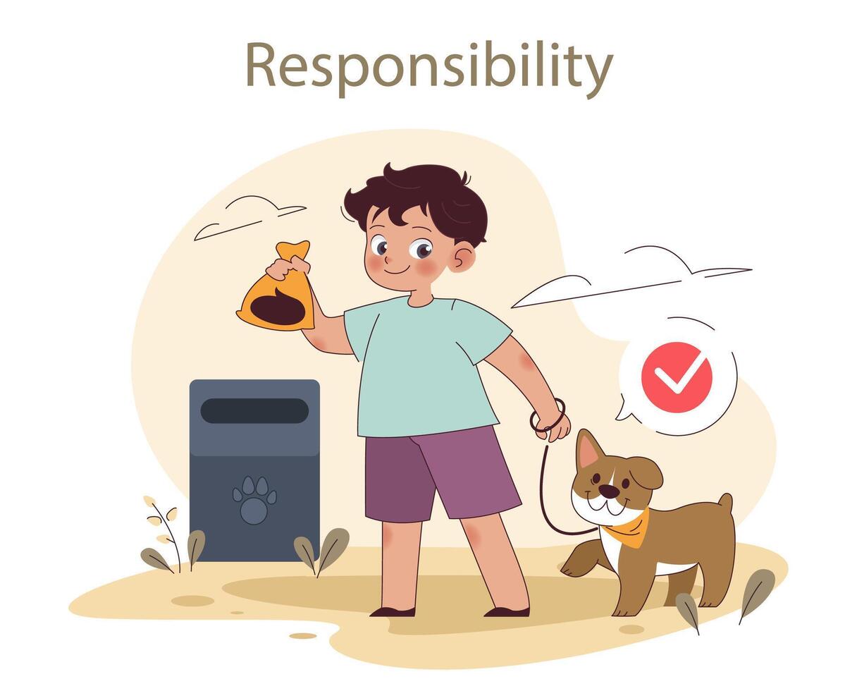 Responsibility. A boy demonstrates responsible pet care by disposing vector