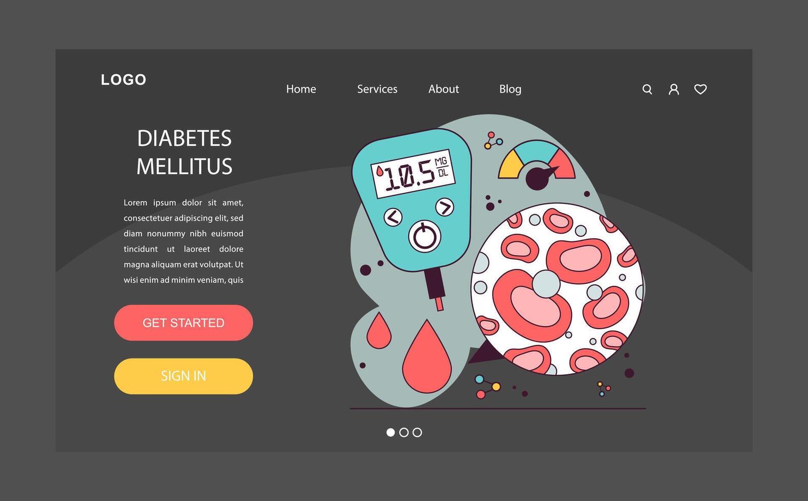 Endocrine system disease night or dark mode web banner or landing vector