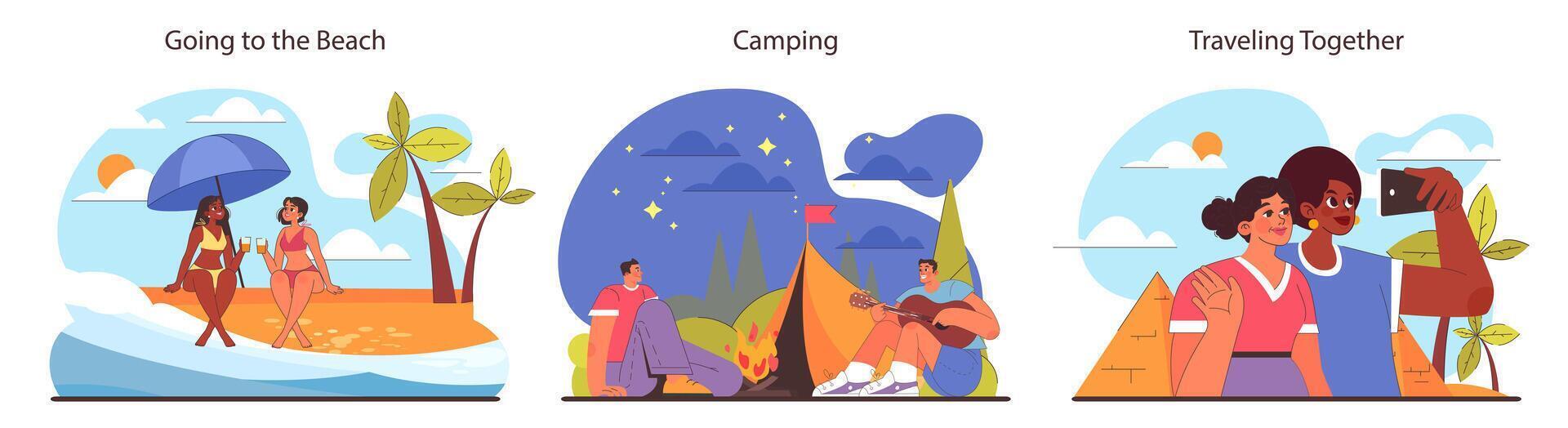 Friends activities set. Beach relaxation, camping under stars, and shared travel explorations. vector