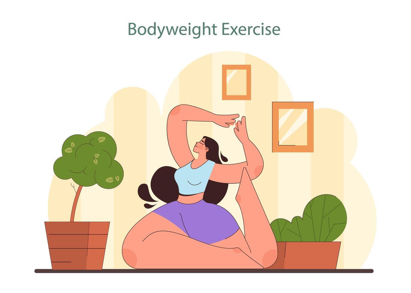 hogar rutina de ejercicio ilustración. un mujer realiza peso corporal ejercicio. vector