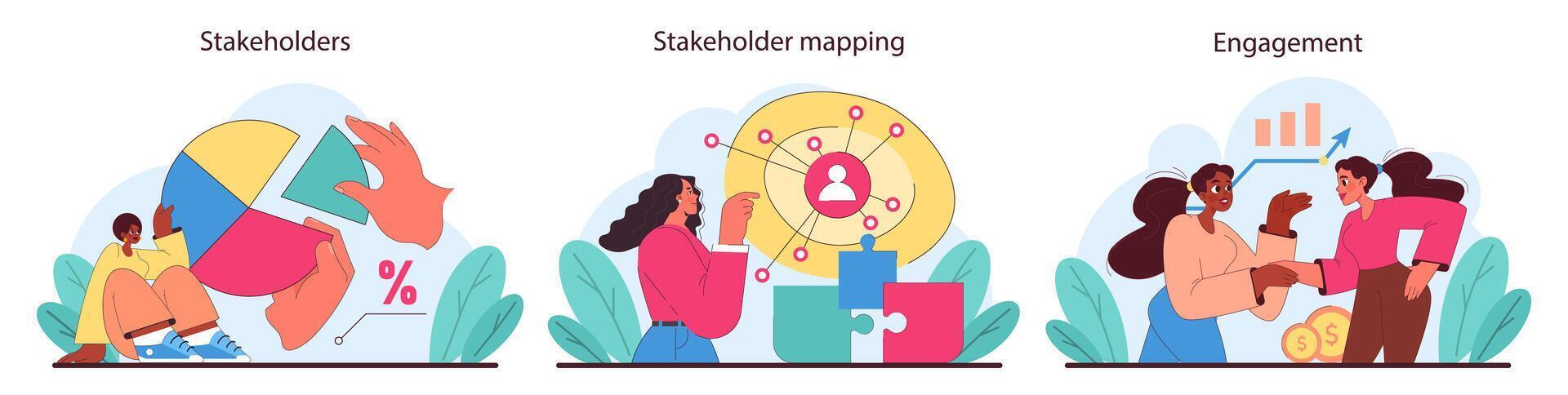 Stakeholder engagement set. Illustrating dynamic interactions, strategic mapping vector