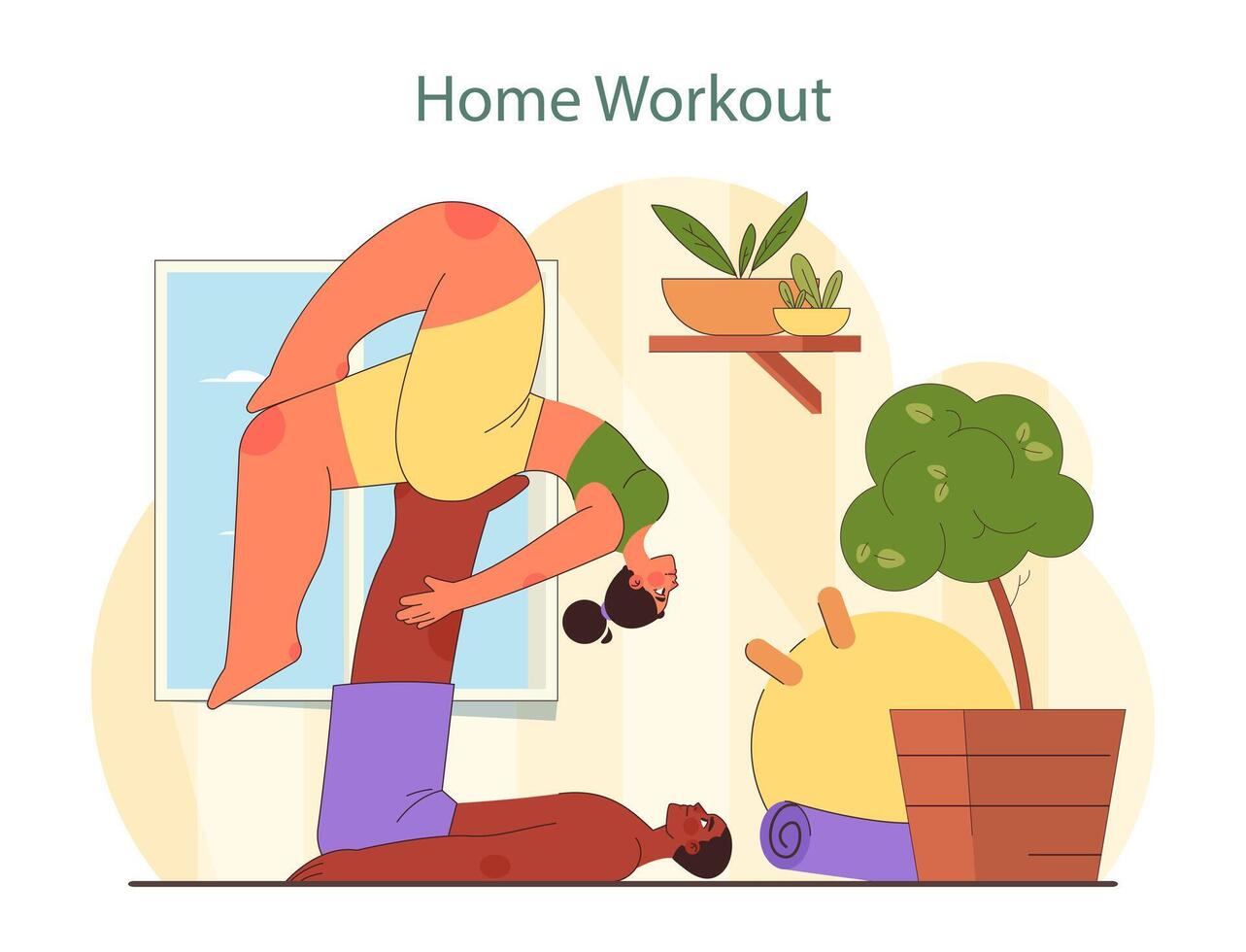 Home Workout illustration. A serene indoor scene depicting a woman in a yoga pose. vector