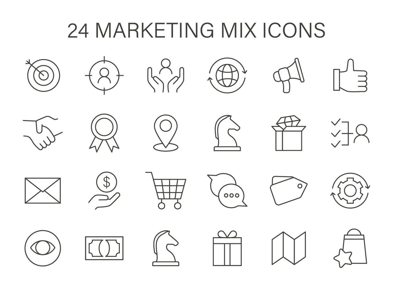 Marketing Mix icon set. Symbols represent strategic components like targeting, global reach, and customer service. vector