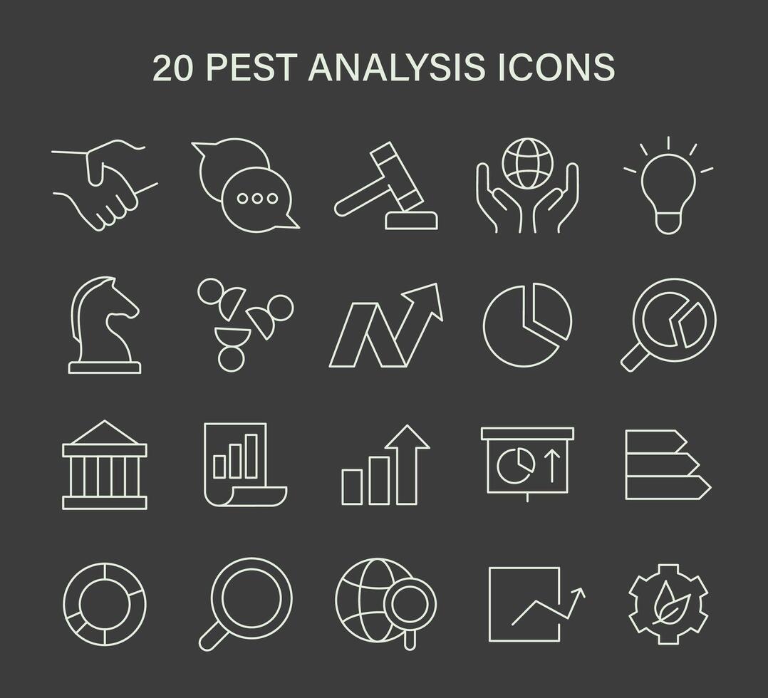 PEST analysis icon set. Visual metaphors for business strategy components. political, economic, social, technological factors. vector