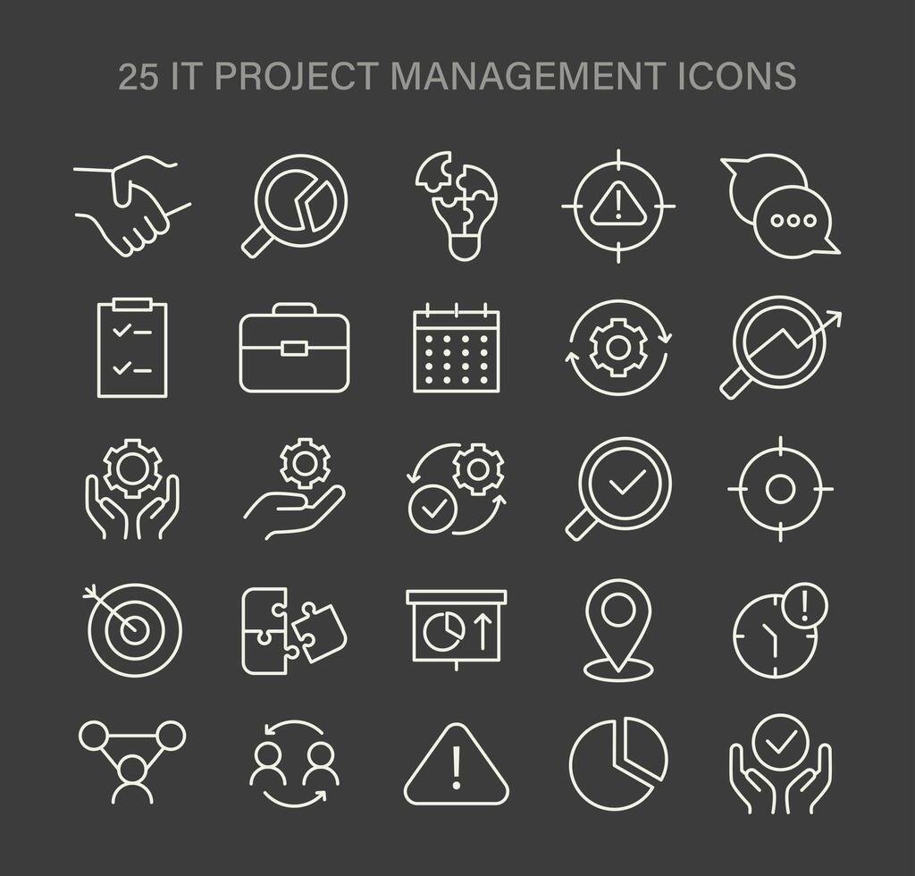 IT Project Management set. Comprehensive icons for teamwork, strategy, and planning. vector
