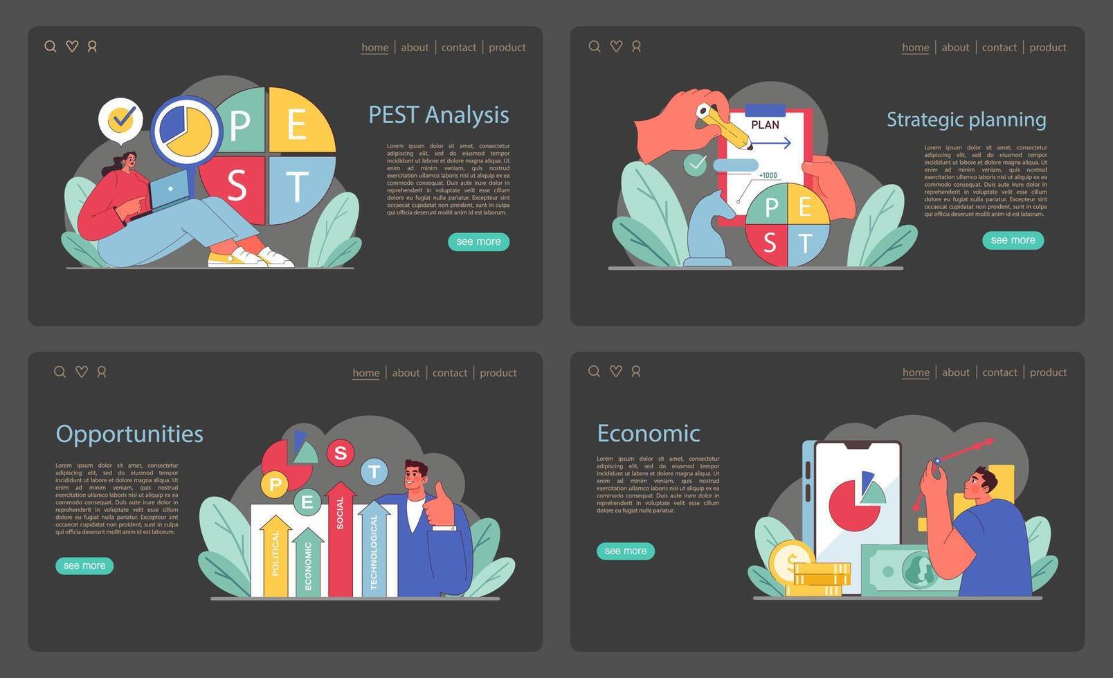 PEST analysis web banners set. Comprehensive overview of business evaluation. vector