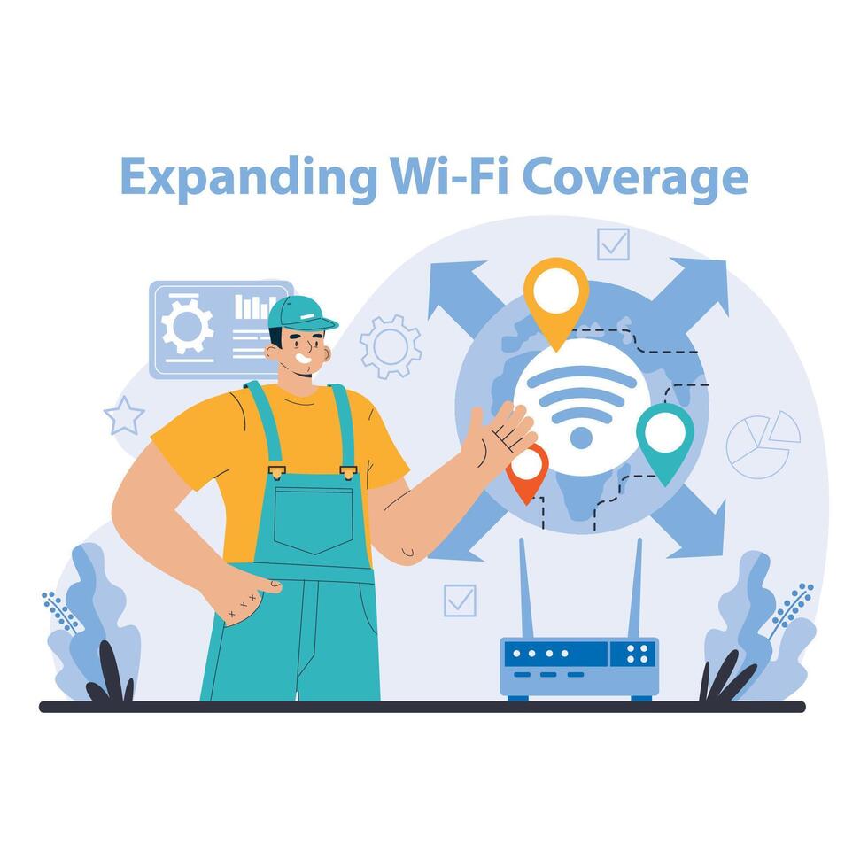 Wi-Fi network. Specialist setting up, developing and maintaining wireless vector
