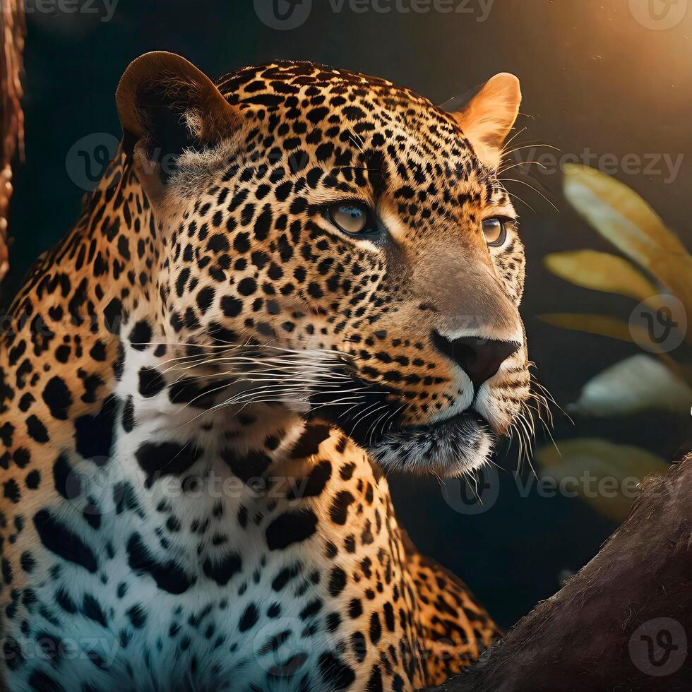 ai generado majestuoso manchado jaguar, contemplando naturaleza foto