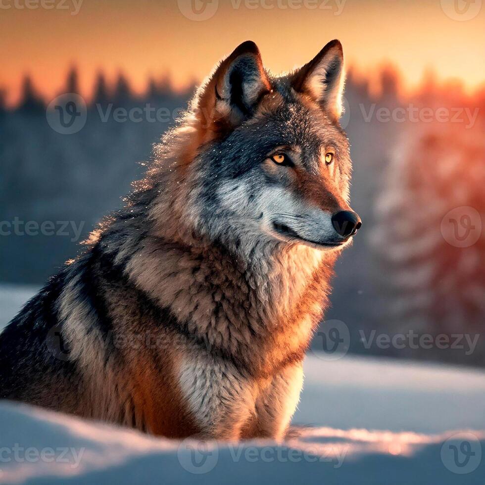 ai generado hermosa lobo sentado en el nieve acecho el puesta de sol foto